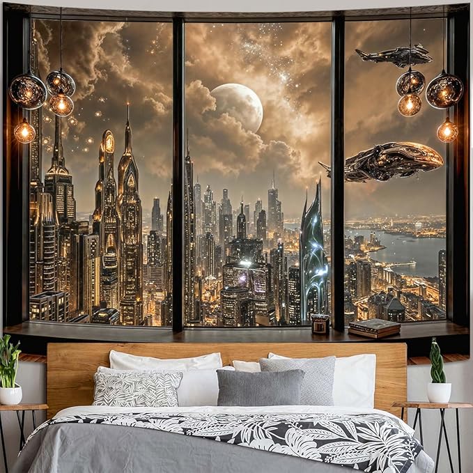 Lifeel Cyberpunk City Tapestry, Future Skyline Aesthetic Window Tapestries for Home Decor Game Room Bedroom Living Room, 60x80 inches