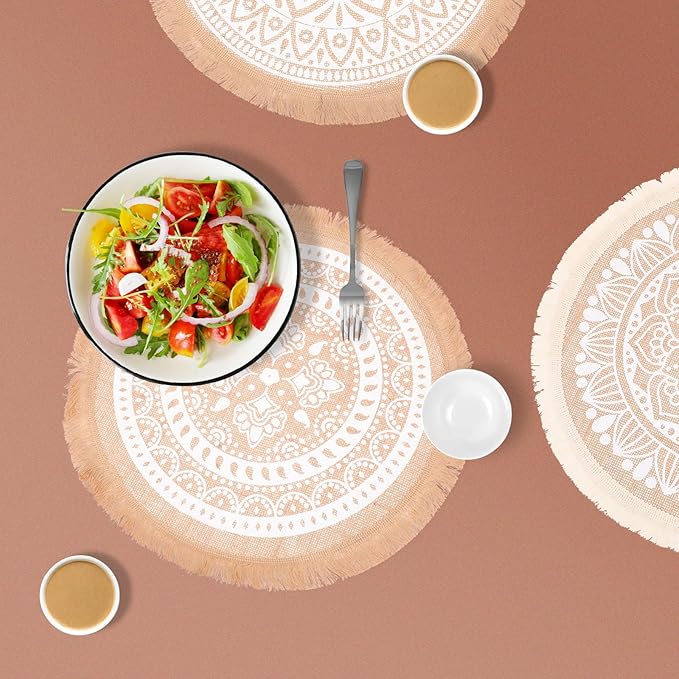 3pcs Round Tassel Placemats Set, Woven Jute Fabric Heat-Resistant Dining Table Mats, Boho Style Table Decor for Indoor Kitchen and Farmhouse Use