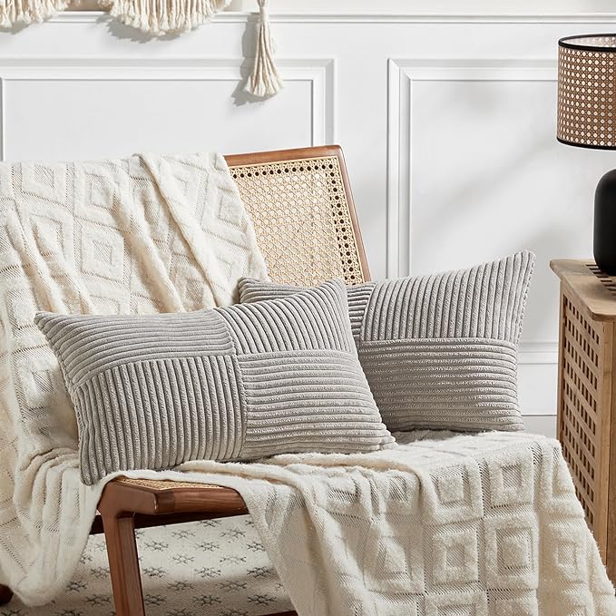 Fancy Homi 2 Packs Neutral Grey Lumbar Decorative Throw Pillow Covers 20x28 Inch for Living Room Couch Bed Sofa, Farmhouse Home Decor, Soft Striped Corduroy Rectangle Accent Cushion Case 50x70 cm