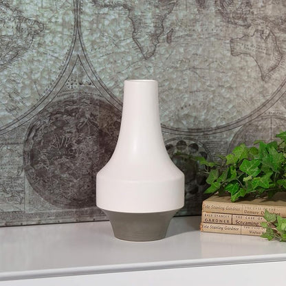 Urban Trends Stoneware Round Long Neck, Gray Banded Rim Base and Tapered Bottom LG Matte Finish White Vase