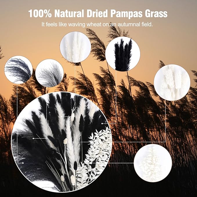 102PCS Black Pampas Grass Decor, Grey White Natural Dried Pampas Grass Bulk, Boho Home Decor Bouquet, Black and White Dried Flowers Decor, Wedding Floral Arrangements Table Vases Modern Decorations