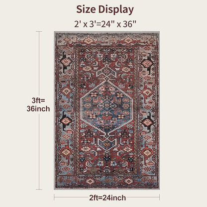 Tangsoo 2x3 Small Rugs for Entryway,Washable Vintage Oriental Entry Rug Non Slip, Soft Low Pile Throw Rugs Tribal Front Indoor Rug Small Carpet for Entrance Bedroom Kitchen Laundry Bedside (Rust Red)