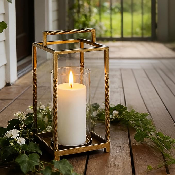 13" Modern Metal Lantern with Twisted Rope-style Frame In Antique Brass with Glass Hurricane For Pillars, String Light. Centerpiece, Mantel, Ambient Lighting, Farmhouse, Transitional, Patios, Entryway