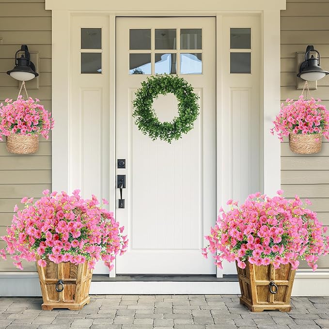 Artificial Flowers for Outdoors 12 Bundles Realistic Faux Plants UV Resistant Fake Silk Morning Glory with Eucalyptus for Front Door Planter Patio Porch Outside Spring Summer Decoration (Pink)