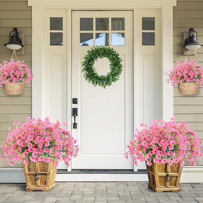 Artificial Flowers for Outdoors 12 Bundles Realistic Faux Plants UV Resistant Fake Silk Morning Glory with Eucalyptus for Front Door Planter Patio Porch Outside Spring Summer Decoration (Pink)
