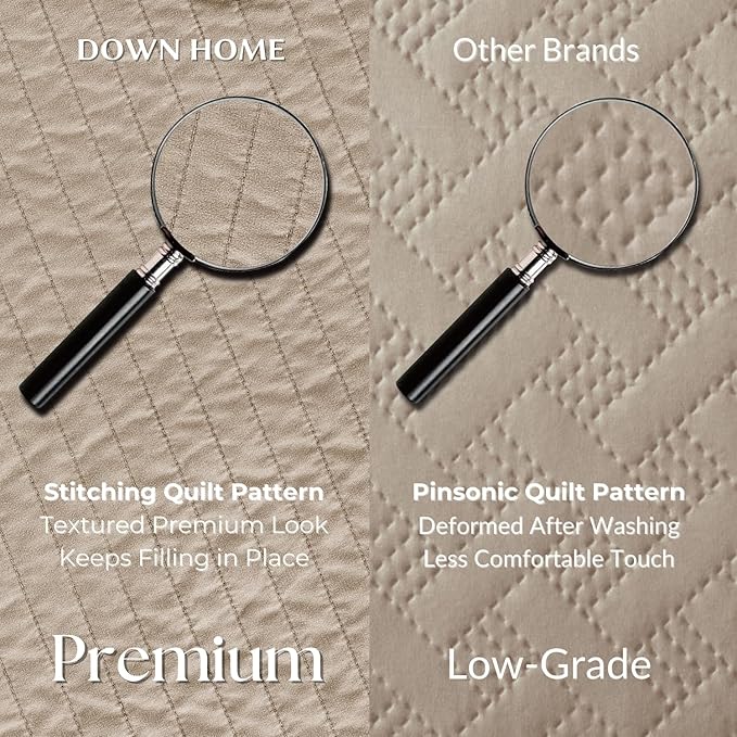 DOWN HOME Cali King Quilt Bedding Set with Shams, Vintage Washed Quilted Blanket Thin Comforter Lightweight Bedspread Coverlet Bed Cover, Brushed Microfiber Stripe Stitching, Brown, 111"x92"
