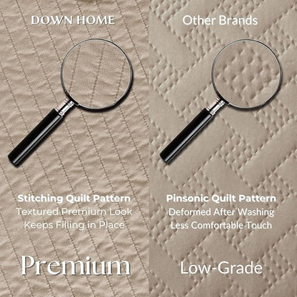 DOWN HOME Cali King Quilt Bedding Set with Shams, Vintage Washed Quilted Blanket Thin Comforter Lightweight Bedspread Coverlet Bed Cover, Brushed Microfiber Stripe Stitching, Brown, 111"x92"