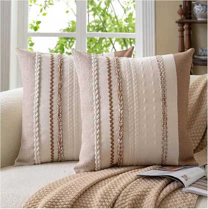 Boho Throw Pillow Covers 20x20 Inch Set of 2, Brown Textured Decorative Couch Pillow Cases for Farmhouse Home Decor, Accent Cushion Cover for Sofa, Bed, Living Room, Bedroom