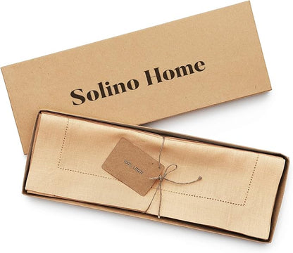Solino Home Linen Placemats Set of 4 - Classic Hemstitch Beige Placemats 14 x 19 Inch - 100% Pure Linen Table Mats for New Year