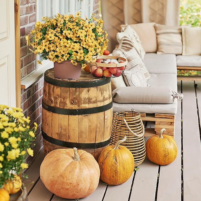Yellow Fall Artificial Flowers for Outdoors Decorations, 12 Bundles Faux Fall Mums Flowers, UV Resistant Realistic Silk Daisy with Eucalyptus for Home Decor Garden Planters Patio Yard Balcony