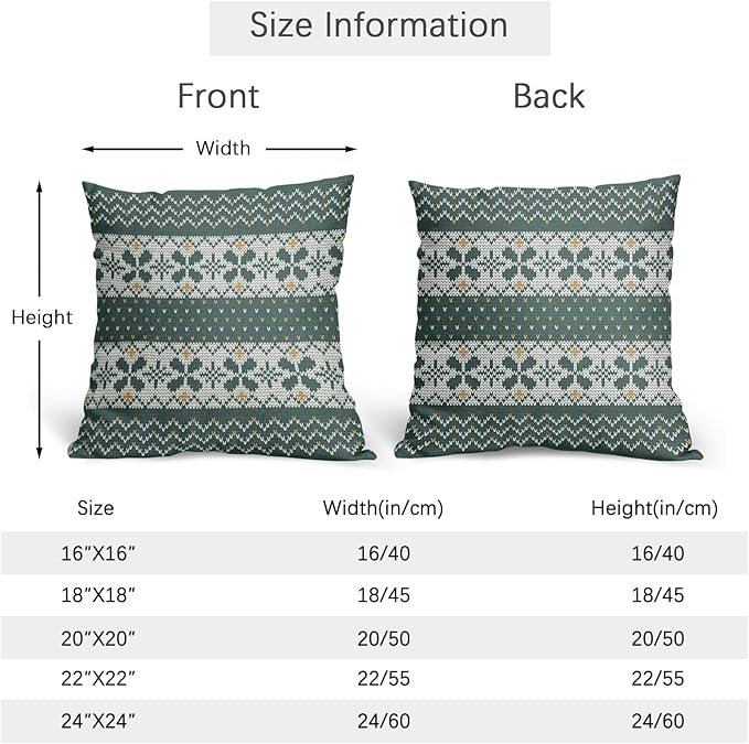 Dark Green Christmas Pillow Covers 16x16 Set of 2 Xmas Floral Pattern Rustic Decorative Outdoor Farmhouse Zipper Pillowcases Decorations Winter Holiday Throw Cushion Cover Decor for Couch Sofa Bed