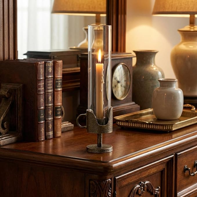 Handcrafted Cast Iron Base Hurricane Candle Holder with Glass Shade - Elegant Vintage Candle Stand for Taper Candles - Perfect for Living Room, Dining Room, and Home Décor 14“ High