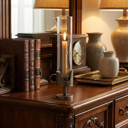 Handcrafted Cast Iron Base Hurricane Candle Holder with Glass Shade - Elegant Vintage Candle Stand for Taper Candles - Perfect for Living Room, Dining Room, and Home Décor 14“ High