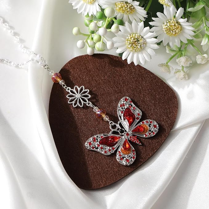 Red Crystal Butterfly Car Charms - Vintage Rear View Mirror Hanging Ornament, Sun Catcher Window Pendant for Car Interior Decoration, Halloween for Mom Aunt Women