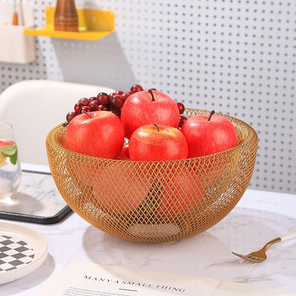 IBWell Metal Wire Woven Fruit Storage Bowl Basket for Kitchen, Large Black Mesh Fruit Stand, for Apple, Pineapple, Banana, Orange, Lemon, Pear, Strawberry, Watermelon (Gold, Nomal)