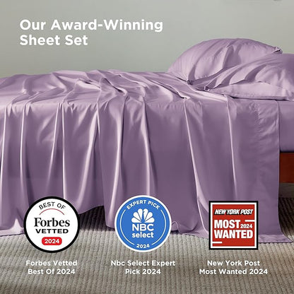 Bedsure Queen Sheet Set, Rayon Derived from Bamboo, Cooling Sheets, Breathable & Soft, Deep Pocket Up to 16 Inches, Hotel Luxury Silky Bedding for Hot Sleepers, Lilac