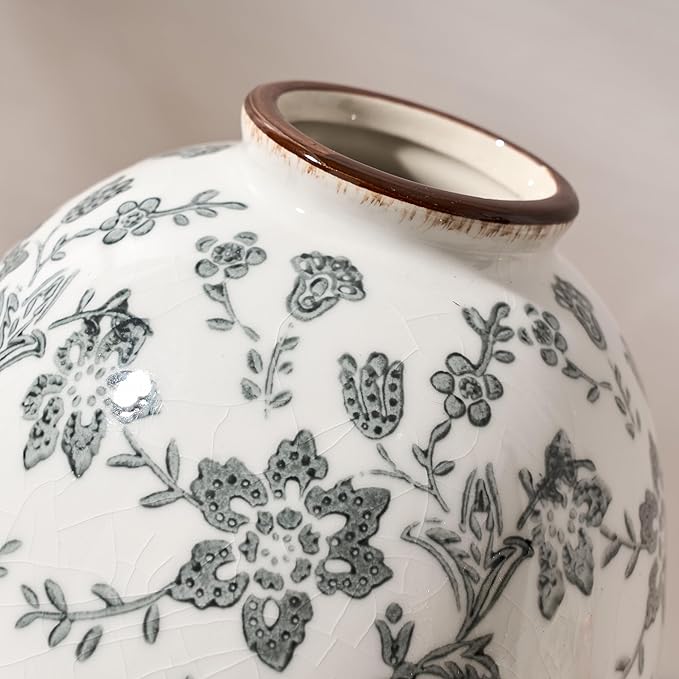 5.83 Inch Vintage Gray Chinoiserie Floral Vase, Antique Rustic Ceramic Vase for Home Decor, Living Room, Bookshelf, Office, Entryway, Garden, Chinoiserie Decor, Tuscan Decor