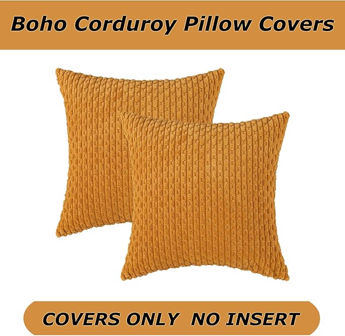 Kevin Textile Throw Pillow Covers Soft Corduroy Decorative Set of 2 Boho Striped Pillow Covers Pillowcases Farmhouse Home Decor for Couch Bed Sofa Living Room 26x26 Inch Golden Yellow