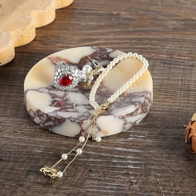 Koville Luxury Italy Calacatta Viola Marble Jewelry Dish, Small Round Trinket Dish for Ring Necklace Earring, 4" Decorative Tray, Aesthetic Home Table Marble Decor