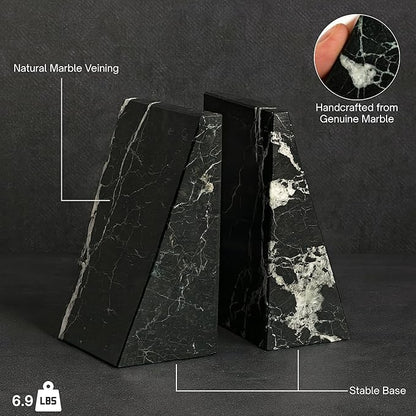 Bey-Berk Whitney Zebra Marble Bookends (Black, Set of 2), 4" x 2.5" x 6" Heavy Wedge Book Ends for Desk, Shelf, or Office