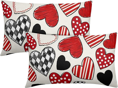 Valentines Day Pillow Covers 12x20 Set of 2 Black Red Heart Throw Pillow Covers Love Pillowcase Linen Decoration Farmhouse Holiday Cozy Soft Cushion Case Couch for Indoor Outdoor Home Decor