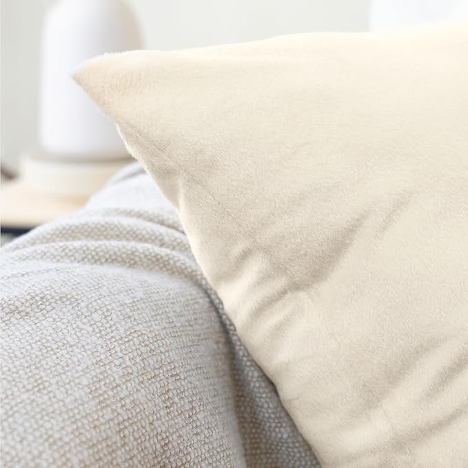Encasa XO Velvet Throw Pillow Covers 12x12 in (30x30 cm) - Cream - No Inserts, Pack of 2 Cases | Solid Plain Dyed Soft & Smooth, Square Decorative Cushion Covers for Living & Bedroom