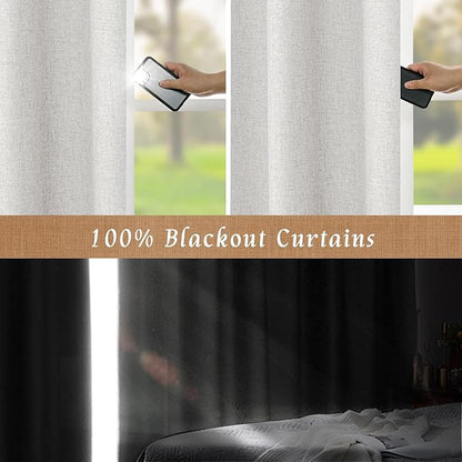 LAMIT Short Window Linen Curtains 48 Inch Length 2 Panels, 100% Blackout Linen Textured Thermal Curtains Back Tab and Rod Pocket Neutral Panels with White Liner for Bedroom, 34 x 48 Inch, Light Grey