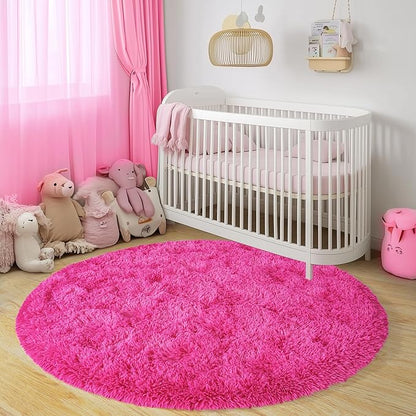 Round Fluffy Rugs 4Ft for Girls Bedroom, Hot Pink Shag Circle Kids Rug Non-Slip for Bedside Dorm Nursery Playroom, Soft Cute Area Rugs for Living Room Decor