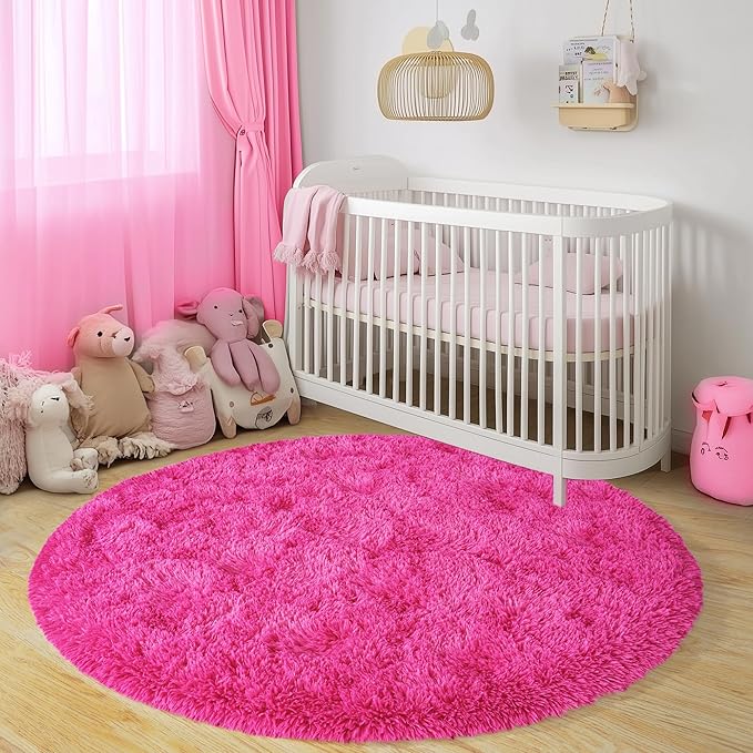 Round Fluffy Rugs 7Ft for Girls Bedroom, Hot Pink Shag Circle Kids Rug Non-Slip for Bedside Dorm Nursery Playroom, Soft Cute Area Rugs for Living Room Decor