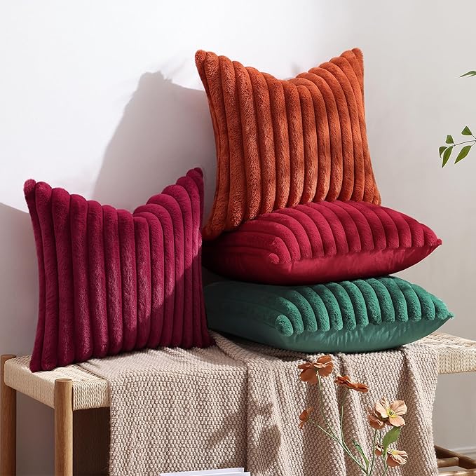 decorUhome Faux Fur Spring Throw Pillow Covers 20x20 Set of 2, Decorative Soft Plush Striped Neutral Couch Pillow Covers with Velvet Back for Sofa, Bed, Living Room Home, Burgundy