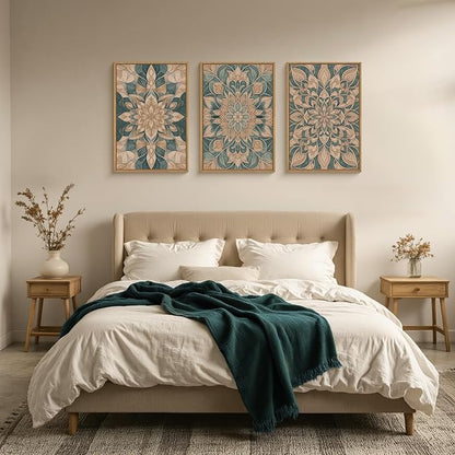 HLNIUC Large Mandala Flower Wall Art Set of 3, Green Scandinavian Botanical Framed Wall Decor(24x36),Norwegian Folk Art Canvas, Bohemian Mexican Vintage Plant Print for Living Room, Bedroom, Office