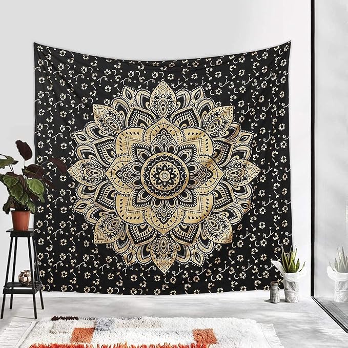 Rajsee Gold Mandala Tapestry - Boho Bedroom Aesthetic - Trippy Cute Wall Hanging - Black Gold Wall Art 52x82 Inches