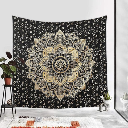 Rajsee Gold Mandala Tapestry - Boho Bedroom Aesthetic - Trippy Cute Wall Hanging - Black Gold Wall Art 52x82 Inches