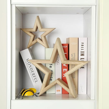 LOSOUR Set of 2 Natural Wood Decor Stars - Coffee Table Decor, Centerpiece, TV Stand, Bookshelf, Desk, Tiered Tray for Living Room, Bedroom, Office
