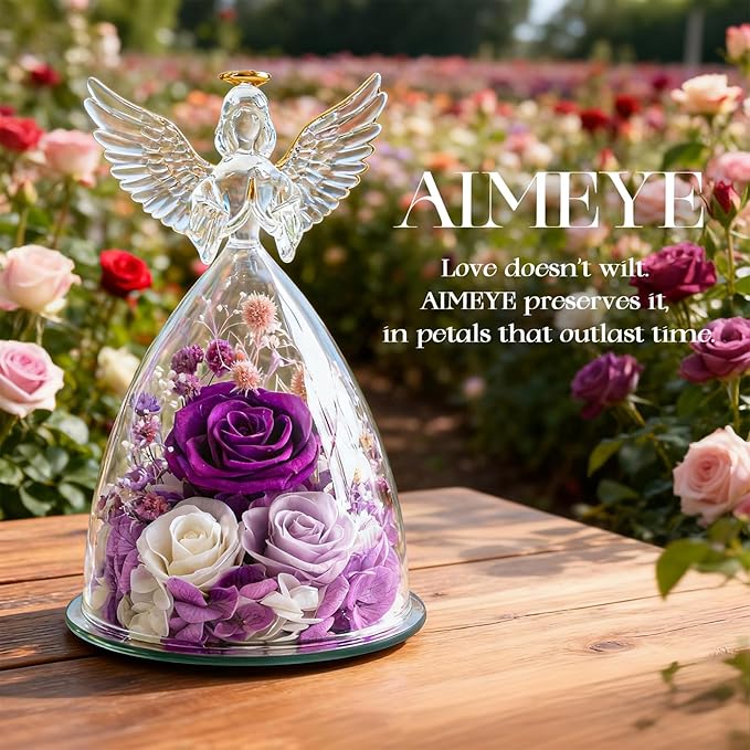 Valentines Day Roses Gifts for Women,Preserved Real Flowers Roses in Glass Angel Figurines,Valentines Day Gifts for Women Mom Wife Girlfriend./Purple