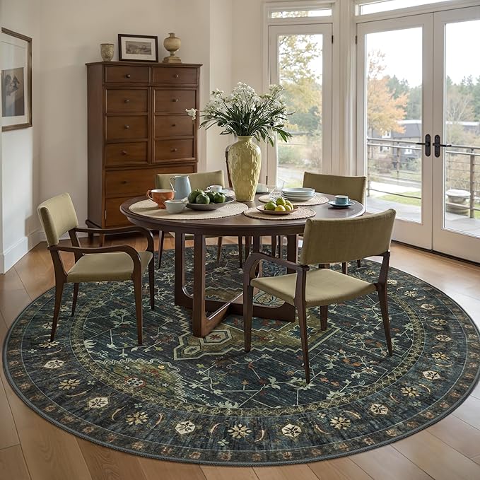 Tangsoo Green Round Area Rugs 6ft, Washable Circle Rug, Non Slip Boho Round Area Rug, Vintage Low Pile Circular Rugs,Large Rounds Rugs Carpet for Livingroom Bedroom Nursery Dorm Office Olive Green