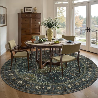 Tangsoo Green Round Area Rugs 6ft, Washable Circle Rug, Non Slip Boho Round Area Rug, Vintage Low Pile Circular Rugs,Large Rounds Rugs Carpet for Livingroom Bedroom Nursery Dorm Office Olive Green