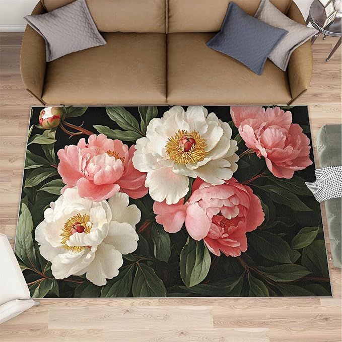 Rustic Flowers Washable Area Rug 6x8, Peony Soft Rugs for Living Room Petals Carpet Area Rugs for Bedroom Dining Room Non-Slip Stain Resistant Rug