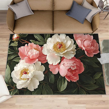Rustic Flowers Washable Area Rug 5x8, Peony Soft Rugs for Living Room Petals Carpet Area Rugs for Bedroom Dining Room Non-Slip Stain Resistant Rug