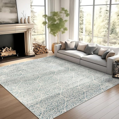 9x12 Area Rugs for Living Room, Stain Resistant Neutral Washable Rugs for Dining Room, Bedroom, Floral Vintage Non-Slip Extra Large Area Rug(Light Blue, 9'x12')