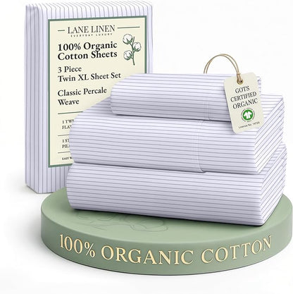 LANE LINEN 100% Organic Cotton Twin XL Sheets Set 3-Piece Pure Percale Bedsheets Bedding Breathable Fits Mattress Upto 15" Deep - Blue Ticking Stripe