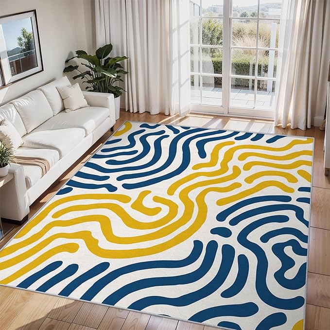 6x9 Abstract Wavy Line Rugs for Bedroom Decor, Washable Yellow Blue Lines Pattern Area Rug, Living Room Home Decoration, Non Slip Soft Thin, Abstract Art Decor Carpet PF-P 56