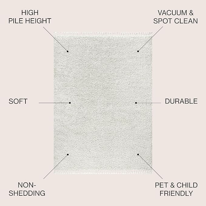 JONATHAN Y Mercer Shag Plush Tassel White Indoor Area Rug, 5x8, Contemporary, Modern, Easy-Cleaning for Living Room, Bedroom, Kitchen, Pet Friendly, Non-Shedding (MCR100A-5)