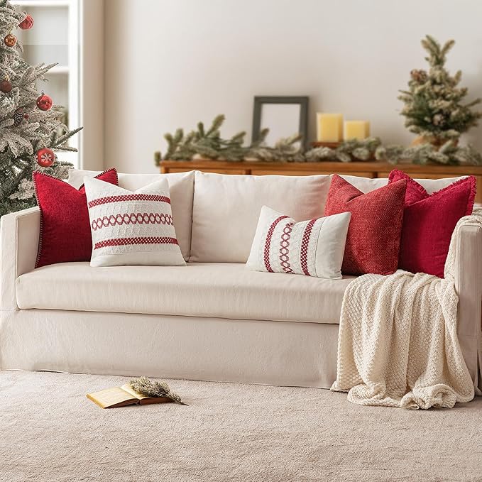 MIULEE Pack of 2 Christmas Red Couch Throw Pillow Covers 20x20 Inch Modern Boho Accent Decorative Pillow Covers Soft Chenille Farmhouse Cushion Covers for Home Decor Bed Sofa Living Room