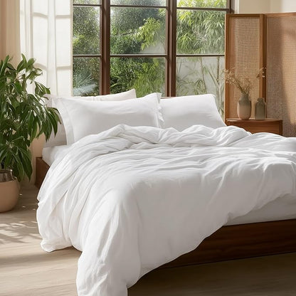 Bedsure 100% Washed Cotton Duvet Cover Full Size - Natural White Minimalist Cotton Duvet Cover Linen Like for All Seasons - GentleSoft™ Plain Simple Bedding (Natural White, Full, 80"x90")