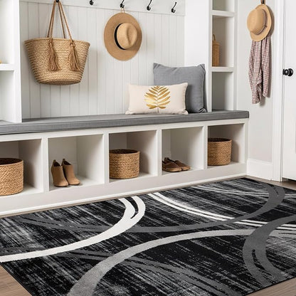 Rugshop Modern Wavy Circles Design Area Rug, Fade-Resistant Carpet for Living Room, Bedroom, or Dining Room, Black, 6'6" x 9'