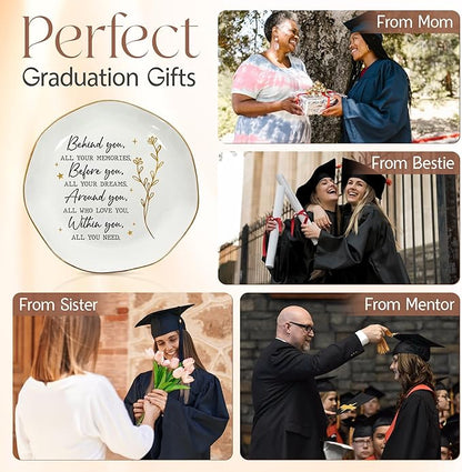 OASSIE Christmas Graduation Gifts for Women - 4"x4" Round-Shaped Ceramic Jewelry Dish Tray - Thank You Inspirational College High School Graduation Gifts for Her Friend Sister, Decorative Trinket Dish