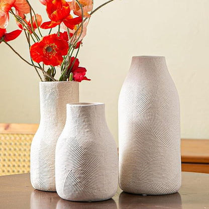 Decorative White Ceramic Vase Set for Modern Boho Home Decor – Set of 3 Textured Pottery Vases for Dried Flowers, Pampas Grass, Living Room, Shelf, or Entryway Display