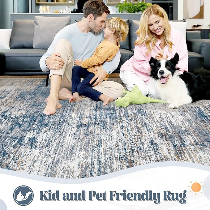 8x10 Area Rugs for Living Room, Washable Modern Abstract Large Area Rug Neutral Soft Non Slip Kids Rug Stain Resistant Indoor Carpet for Bedroom Nursery Dining Room Playroom Office(BlueWhite, 8'x10')