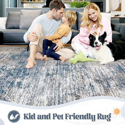 6x9 Area Rugs for Living Room, Washable Modern Abstract Large Area Rug Neutral Soft Non Slip Kids Rug Stain Resistant Indoor Carpet for Bedroom Nursery Dining Room Playroom Office(BlueWhite, 6'x9')